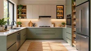 Modular kitchen design with coordinated cabinets, storage, and built-in appliances