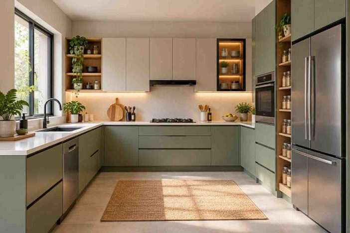Modular kitchen design with coordinated cabinets, storage, and built-in appliances