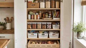 Organized small kitchen pantry with containers, baskets, and a pull-out produce drawer