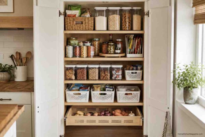 Organized small kitchen pantry with containers, baskets, and a pull-out produce drawer