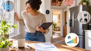DIY home energy audit showing a homeowner checking window drafts, insulation, thermostat, and appliance energy use