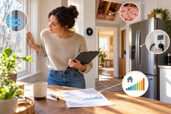 DIY home energy audit showing a homeowner checking window drafts, insulation, thermostat, and appliance energy use