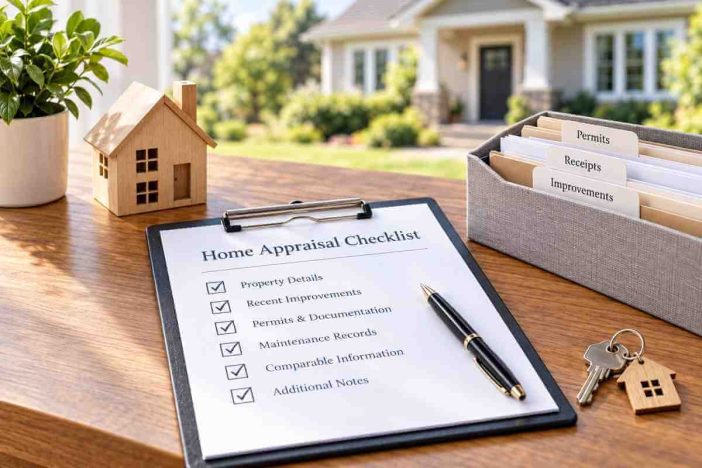 Home appraisal checklist for sellers with permits, receipts, improvement records, house model, and property keys