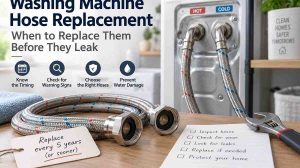 Washing machine hose replacement guide showing hot and cold water supply connections, braided hoses, and a preventive maintenance checklist.