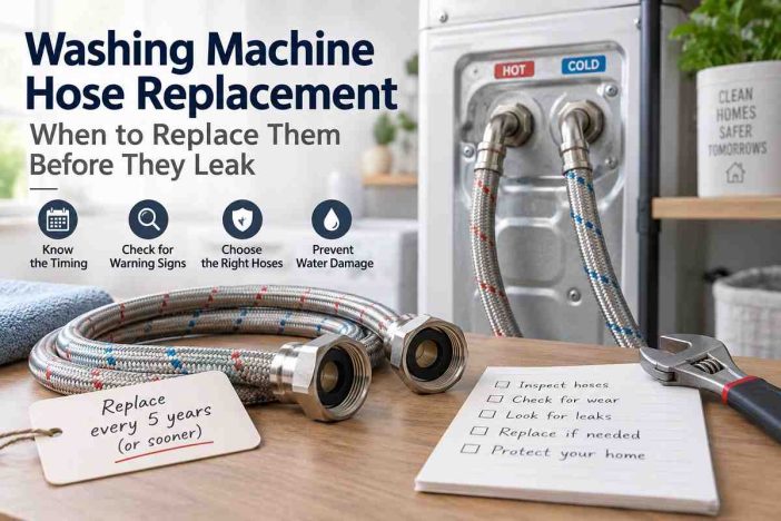 Washing machine hose replacement guide showing hot and cold water supply connections, braided hoses, and a preventive maintenance checklist.