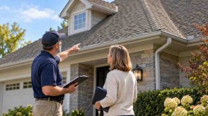 Replace roof before selling decision: homeowner and roofing professional inspecting an aging roof from ground level before listing a house.