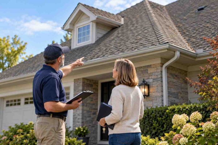 Replace roof before selling decision: homeowner and roofing professional inspecting an aging roof from ground level before listing a house.