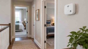 Carbon monoxide detector placement on a hallway wall outside bedrooms in a residential home