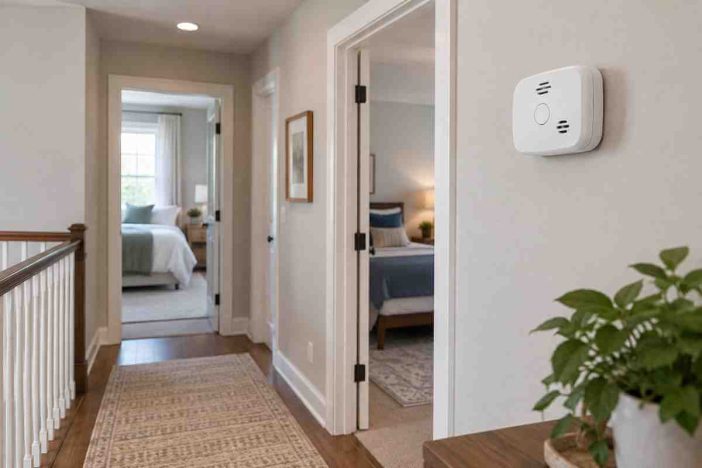 Carbon monoxide detector placement on a hallway wall outside bedrooms in a residential home