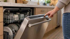 Homeowner comparing dishwasher eco vs quick wash settings on a modern dishwasher