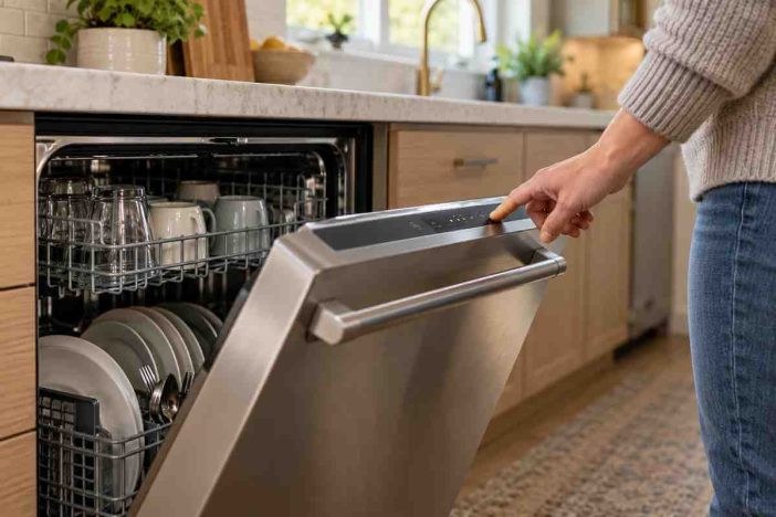 Homeowner comparing dishwasher eco vs quick wash settings on a modern dishwasher