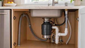 Dishwasher high loop vs air gap shown in an under-sink drain installation