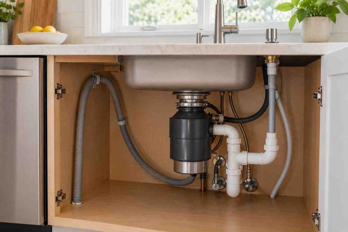 Dishwasher high loop vs air gap shown in an under-sink drain installation