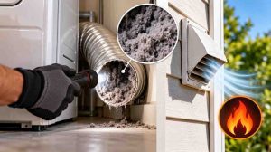 Dryer vent inspection showing lint buildup, airflow check, and potential fire risk