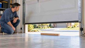 Garage door auto-reverse test showing photo-eye safety sensors and a 2x4 board positioned beneath a partially lowered garage door.
