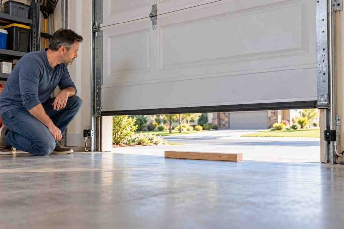 Garage door auto-reverse test showing photo-eye safety sensors and a 2x4 board positioned beneath a partially lowered garage door.