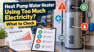 Heat pump water heater using too much electricity with rising electricity bill chart, operating mode controls, airflow indicators, and troubleshooting checklist.