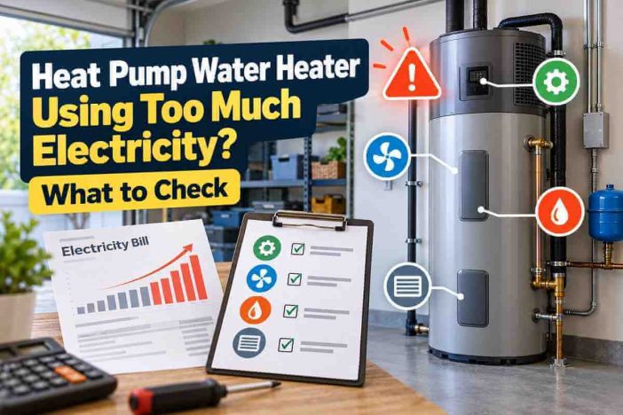 Heat pump water heater using too much electricity with rising electricity bill chart, operating mode controls, airflow indicators, and troubleshooting checklist.
