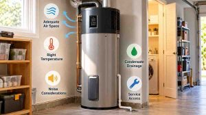 Heat pump water heater location showing airflow, temperature, condensate drainage, noise, and service access considerations.