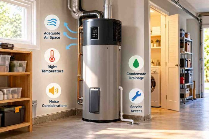Heat pump water heater location showing airflow, temperature, condensate drainage, noise, and service access considerations.