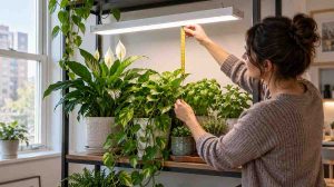 How far should grow lights be from indoor plants, shown by measuring an LED grow light from the fixture to the top of the houseplant canopy.