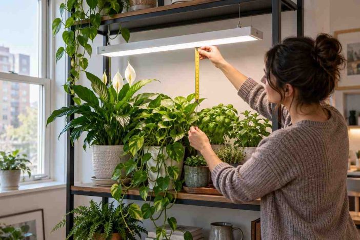 How far should grow lights be from indoor plants, shown by measuring an LED grow light from the fixture to the top of the houseplant canopy.