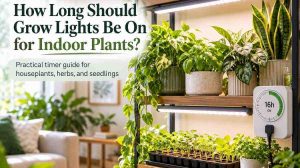 How long should grow lights be on for indoor plants? LED grow lights illuminating houseplants, herbs, and seedlings on a shelf with a daily timer.