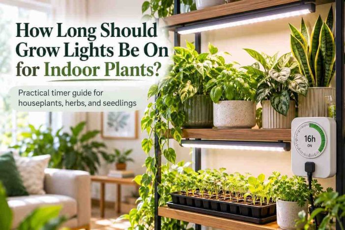 How long should grow lights be on for indoor plants? LED grow lights illuminating houseplants, herbs, and seedlings on a shelf with a daily timer.