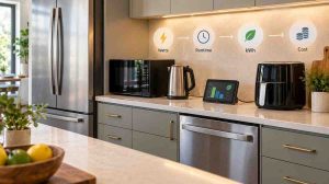How much electricity do kitchen appliances use? Refrigerator, dishwasher, microwave, kettle, and air fryer with a smart energy monitor showing watts, runtime, kWh, and cost.