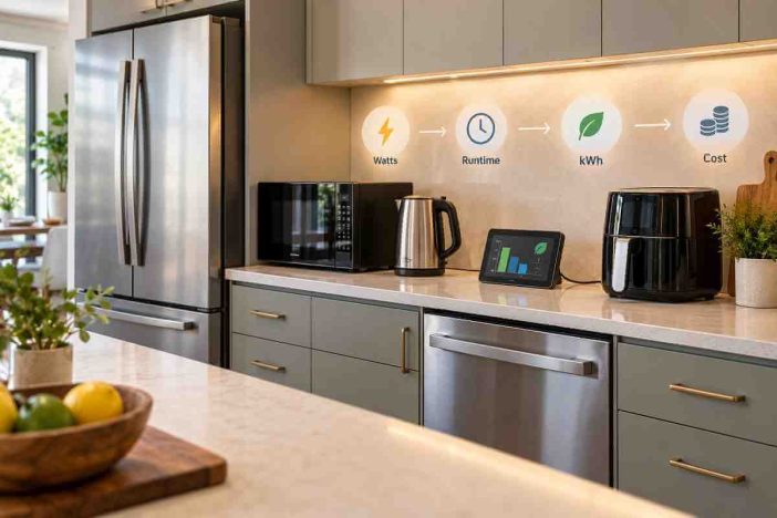 How much electricity do kitchen appliances use? Refrigerator, dishwasher, microwave, kettle, and air fryer with a smart energy monitor showing watts, runtime, kWh, and cost.