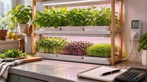 How much electricity does a grow light use? Indoor herb and microgreens shelf with LED grow lights, a plug-in power meter, and calculator.