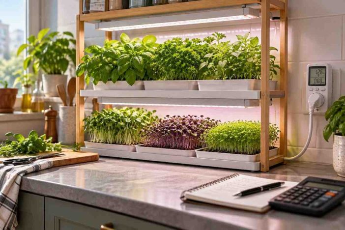 How much electricity does a grow light use? Indoor herb and microgreens shelf with LED grow lights, a plug-in power meter, and calculator.