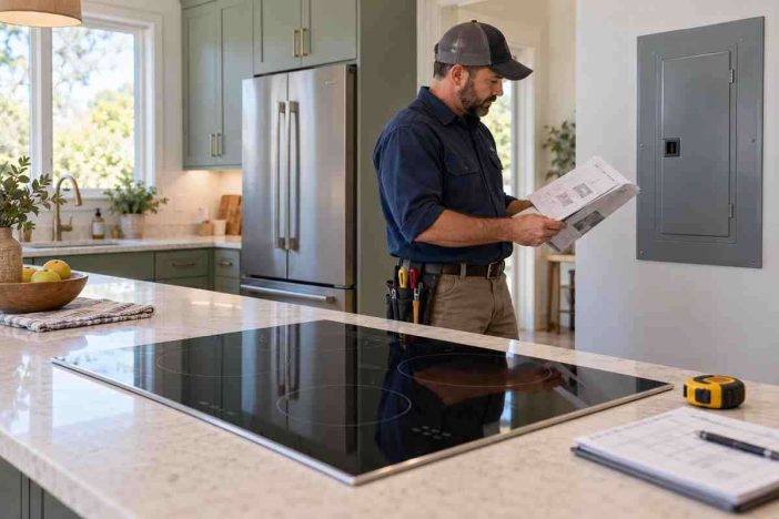 Induction cooktop electrical requirements being reviewed before installation in a modern kitchen