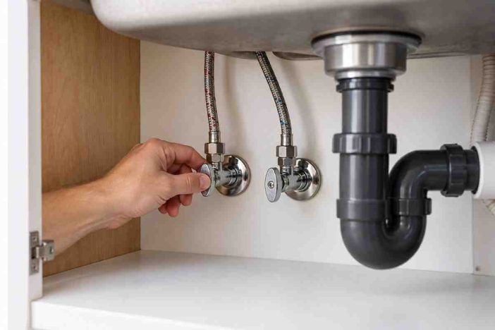 Kitchen sink shutoff valve won’t close while homeowner inspects the valve and braided supply line under the sink