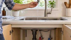 Low water pressure in kitchen faucet being diagnosed at the sink