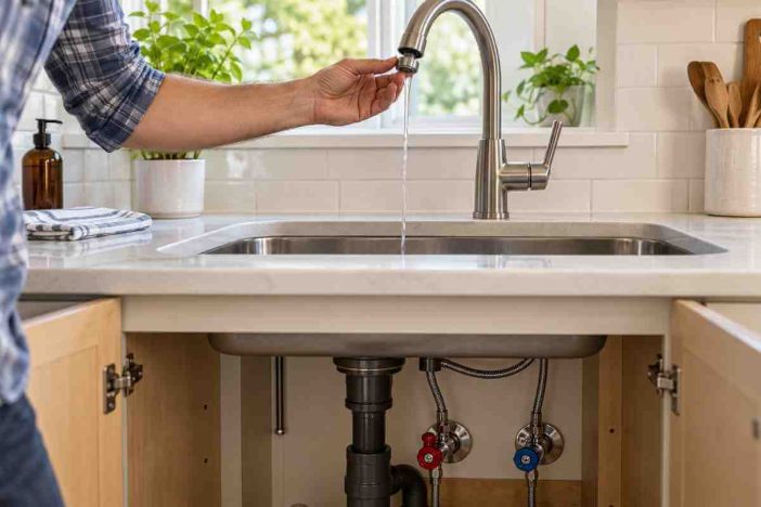 Low water pressure in kitchen faucet being diagnosed at the sink