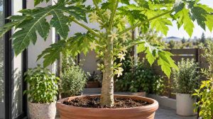 Papaya tree not fruiting in a large container, showing healthy foliage and flowers without developed papaya fruit.
