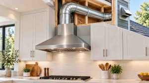 range hood duct size with smooth metal ductwork, elbow, and exterior vent