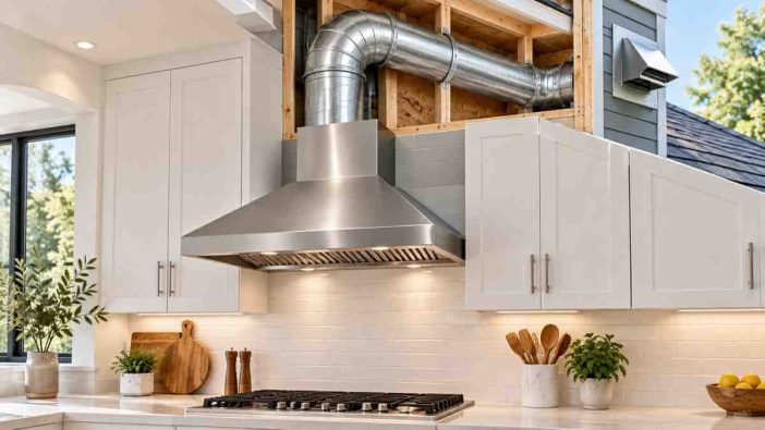 range hood duct size with smooth metal ductwork, elbow, and exterior vent