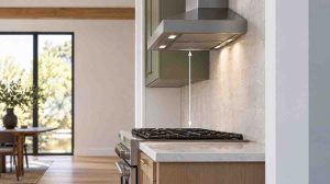 Range hood height above stove showing vertical clearance measurement between the cooking surface and wall-mounted range hood
