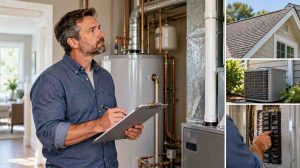 Repair or replace before selling a house with homeowner reviewing roof, HVAC, plumbing, and electrical systems