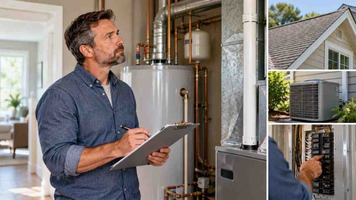 Repair or replace before selling a house with homeowner reviewing roof, HVAC, plumbing, and electrical systems