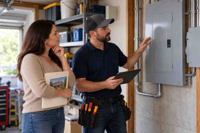 home seller and electrician reviewing an electrical panel before listing