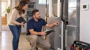 Replace HVAC before selling – homeowner and HVAC technician inspecting an existing furnace and ductwork before listing a home