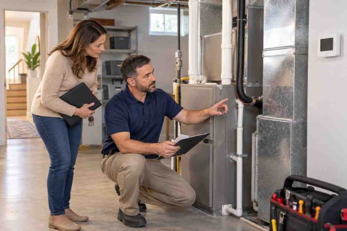 Replace HVAC before selling – homeowner and HVAC technician inspecting an existing furnace and ductwork before listing a home